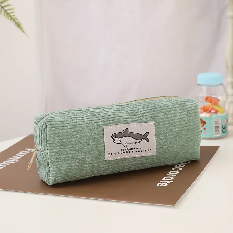 Cute Corduroy Shark Pencil Case Embroidered Pen Pouch for Girls, Kids & School Supplies
