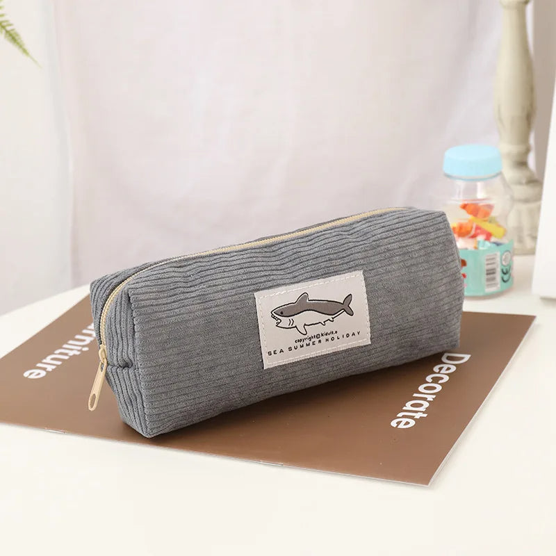 Cute Corduroy Shark Pencil Case Embroidered Pen Pouch for Girls, Kids & School Supplies