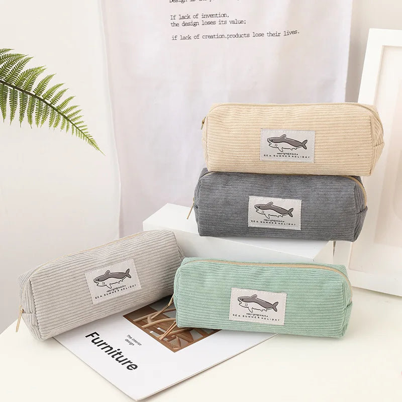 Cute Corduroy Shark Pencil Case Embroidered Pen Pouch for Girls, Kids & School Supplies
