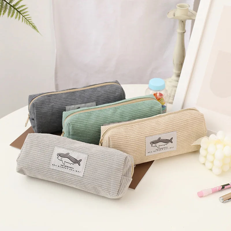 Cute Corduroy Shark Pencil Case Embroidered Pen Pouch for Girls, Kids & School Supplies