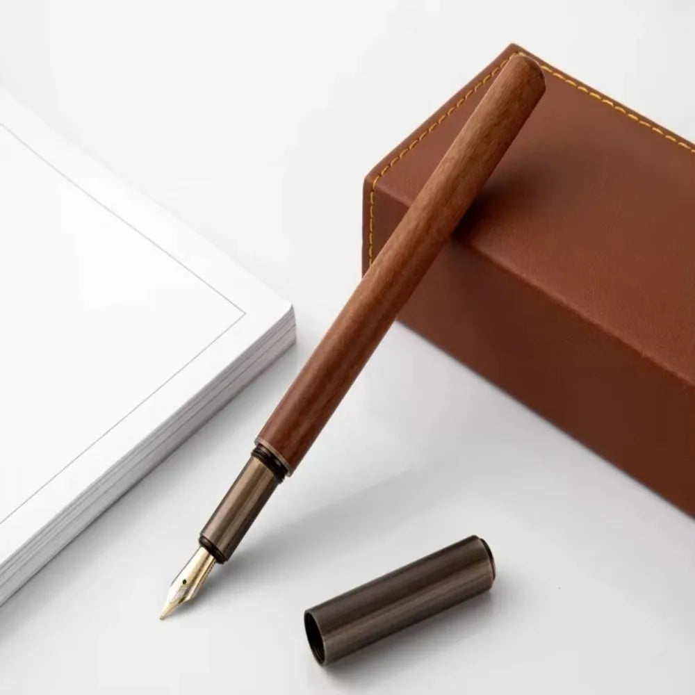 Luxury Retro Wood & Bronze Fountain Pen 0.5mm Fine Nib for Writing, Calligraphy & Gifts