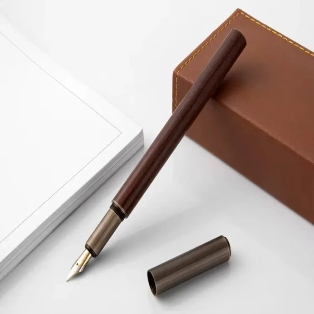 Luxury Retro Wood & Bronze Fountain Pen 0.5mm Fine Nib for Writing, Calligraphy & Gifts