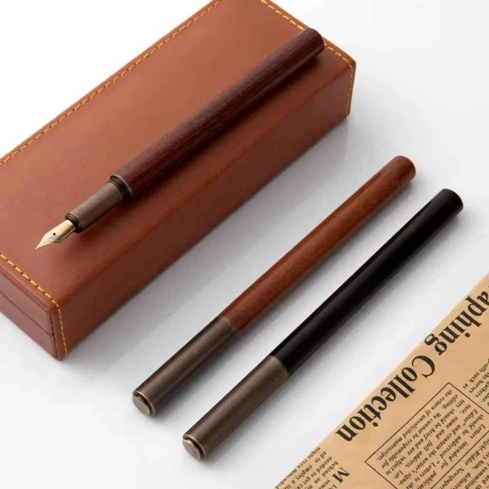Luxury Retro Wood & Bronze Fountain Pen 0.5mm Fine Nib for Writing, Calligraphy & Gifts