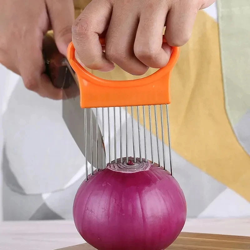 Stainless Steel Onion Holder & Slicer Guide Vegetable Cutting Aid Fork for Tomatoes, Onions & More