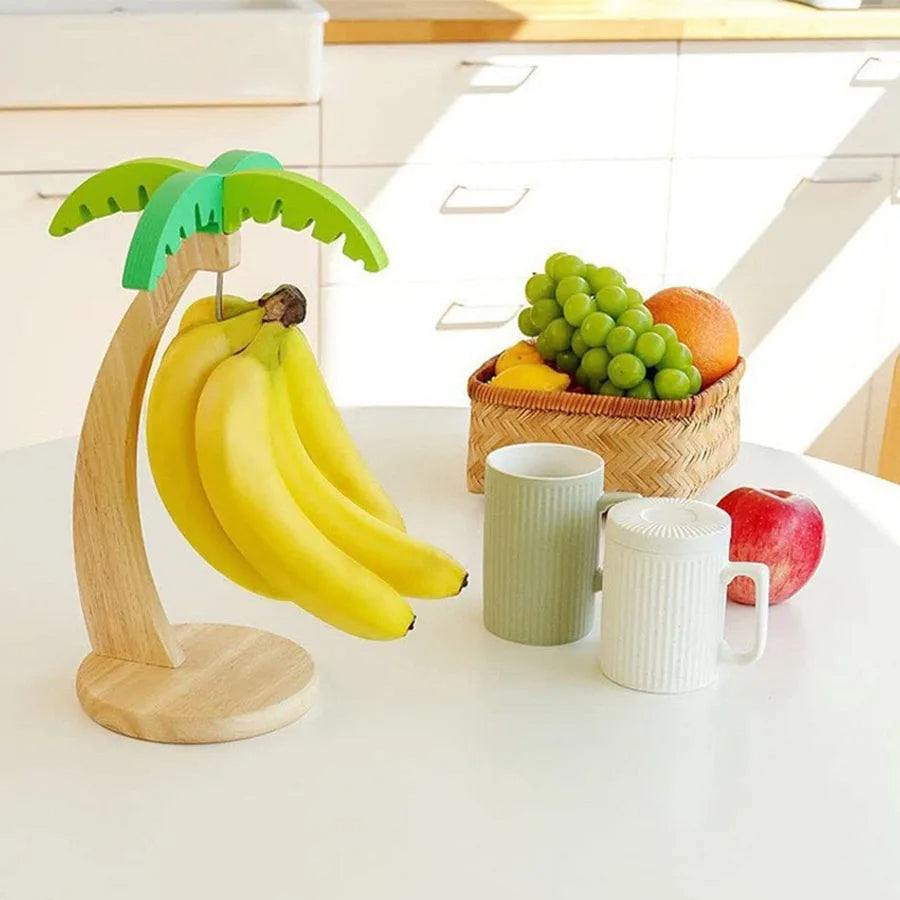 Wooden Banana Hanger with Hook Decorative Fruit Rack with Simulated Leaf for Kitchen Storage & Display