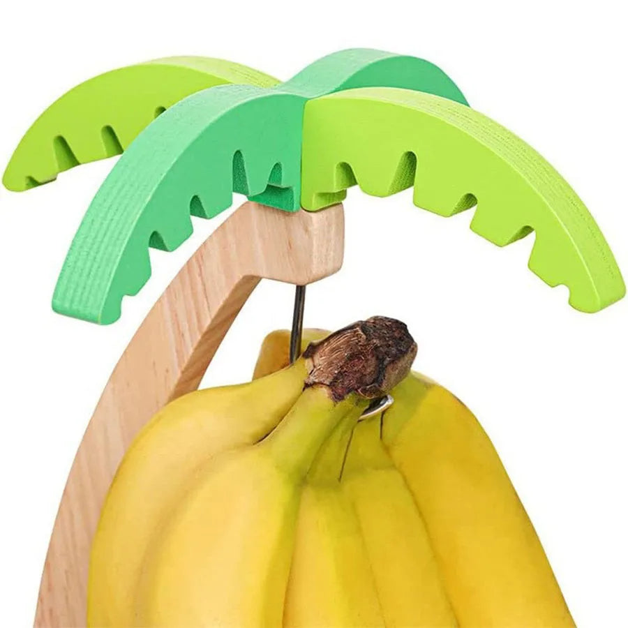 Wooden Banana Hanger with Hook Decorative Fruit Rack with Simulated Leaf for Kitchen Storage & Display