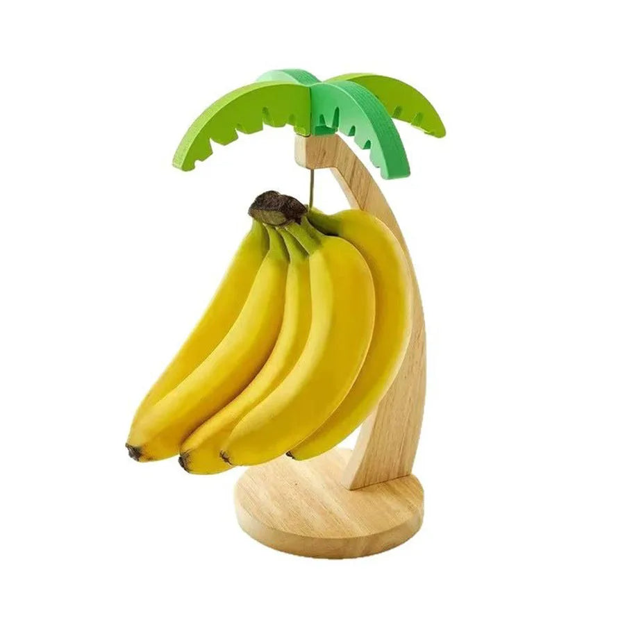 Wooden Banana Hanger with Hook Decorative Fruit Rack with Simulated Leaf for Kitchen Storage & Display
