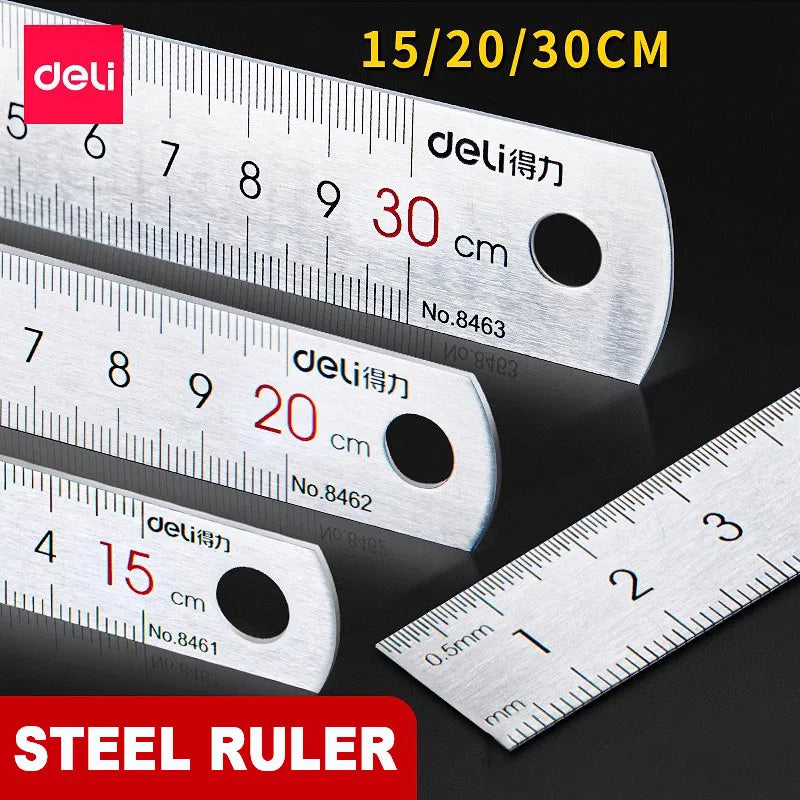 Deli Stainless Steel Ruler 15/20/30cm Precision Metal Measuring Tool for Drawing & School Use