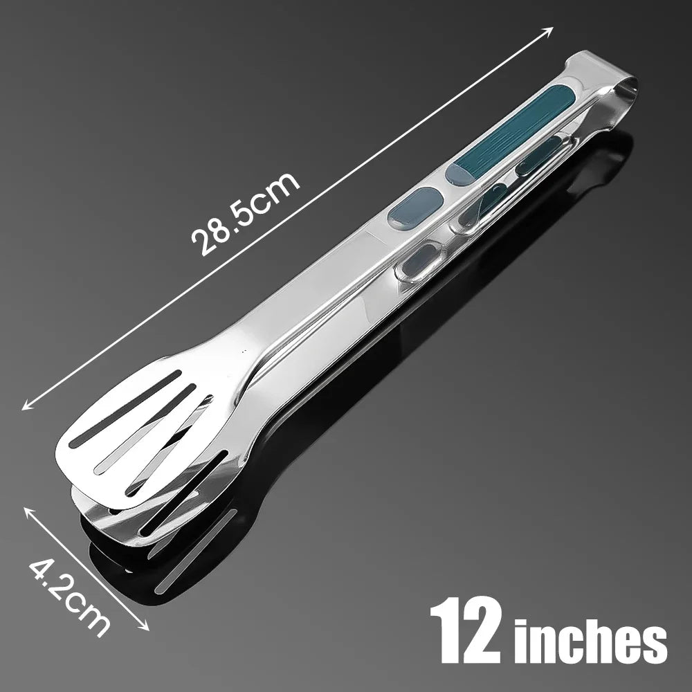 7"/12" Stainless Steel BBQ Tongs Non-Slip Silicone Handle Food Clip for Meat, Salad, Bread & Baking