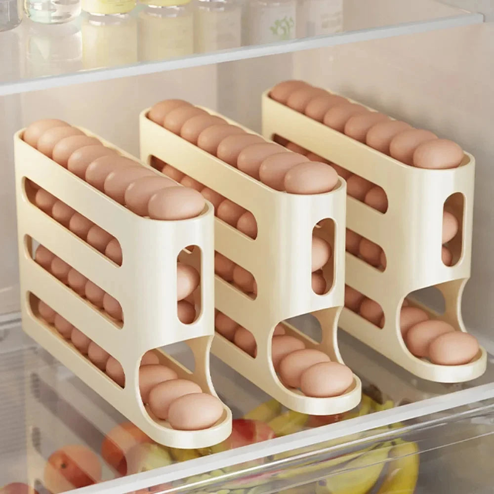 4-Layer Rolling Egg Dispenser Automatic Egg Holder Rack for Fridge & Kitchen Organization