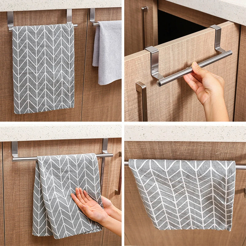 Stainless Steel Over the Door Towel Bar Punch Free Cabinet Door Towel Holder for Kitchen & Bathroom