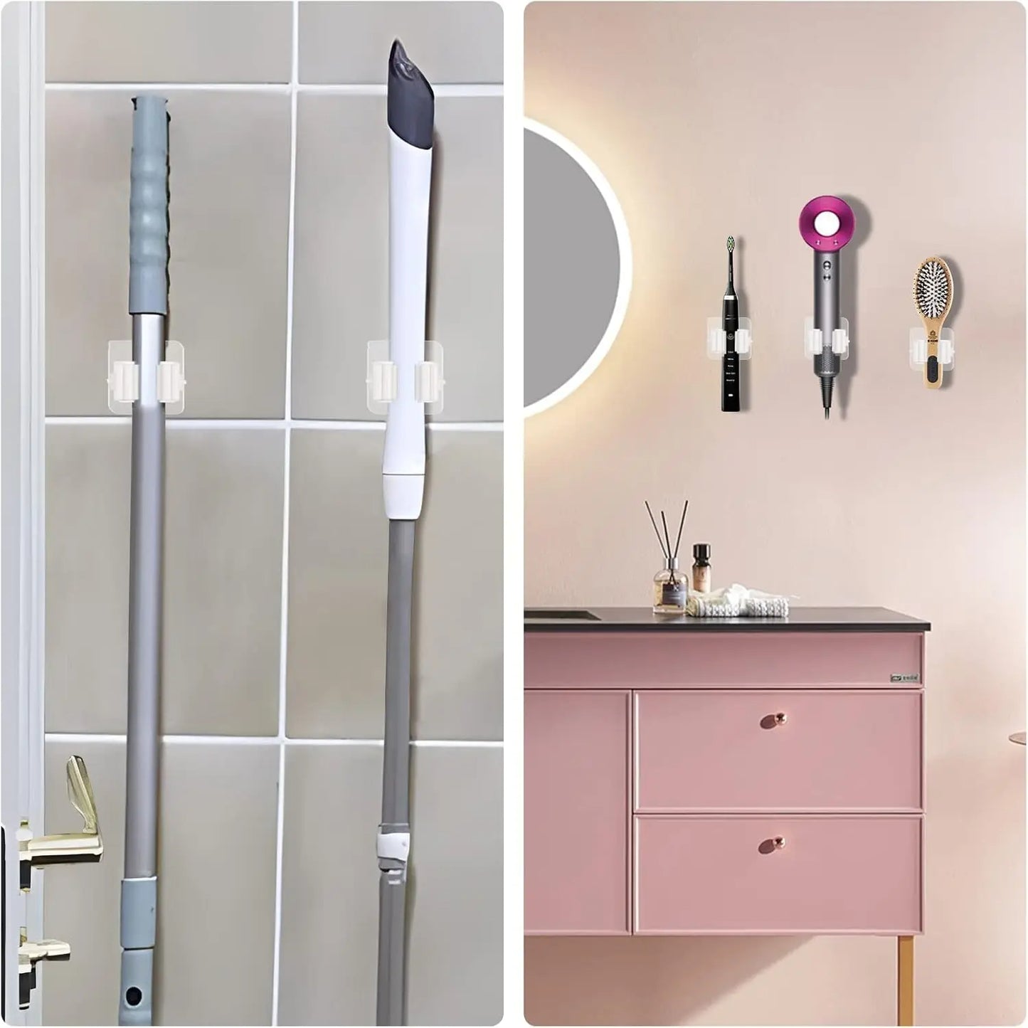 Multi-Purpose Adhesive Wall Hooks โ Mop & Broom Holder Rack| Kitchen & Bathroom Organizer No-Drill Hanging Hook for Home Accessories