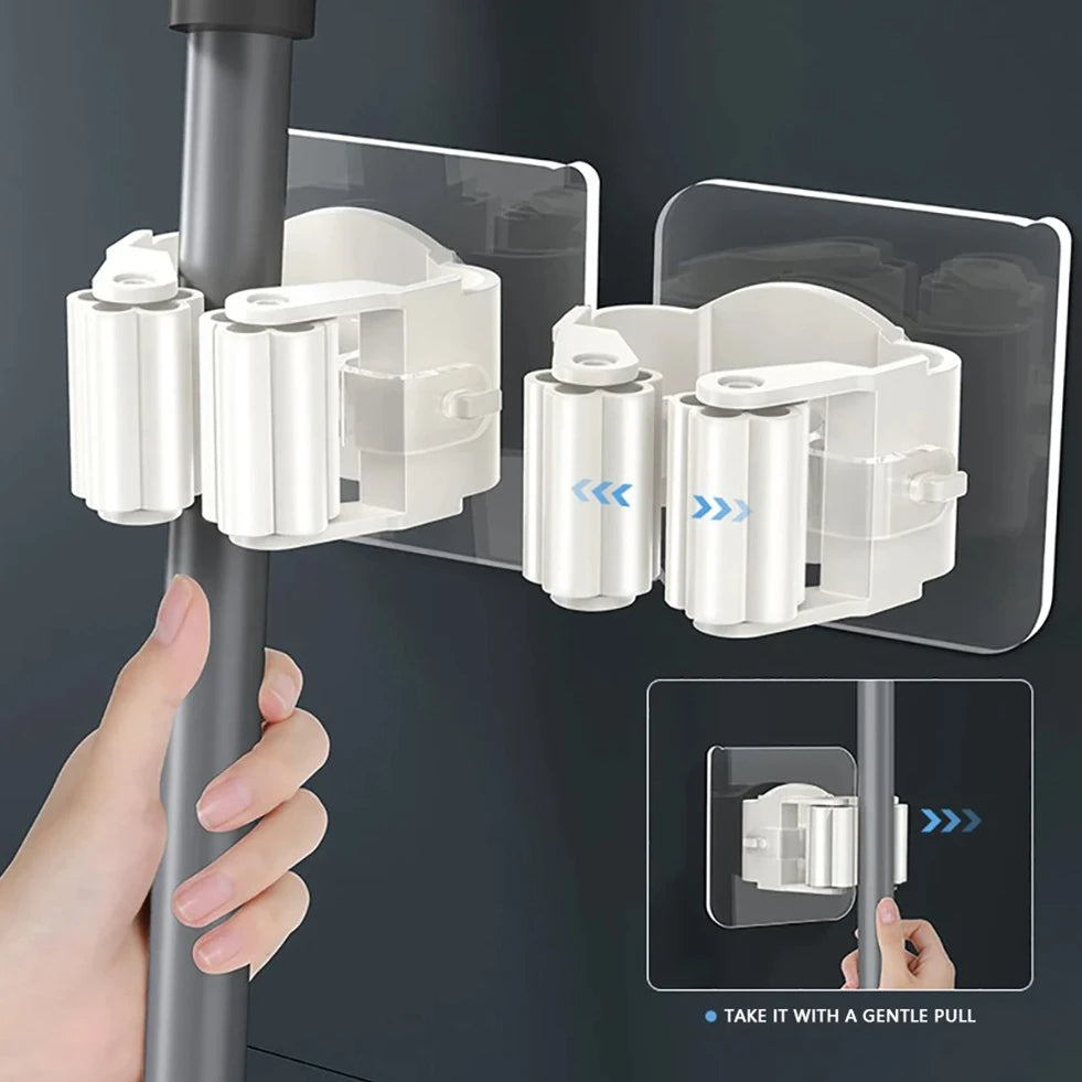 Multi-Purpose Adhesive Wall Hooks โ Mop & Broom Holder Rack| Kitchen & Bathroom Organizer No-Drill Hanging Hook for Home Accessories