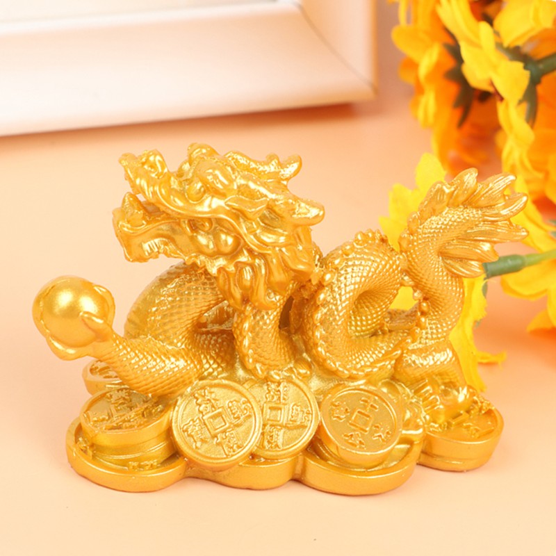 Chinese Lucky Golden Wealth Dragon Statuette Feng Shui Resin Sculpture for Home, Office & Desktop Decoration