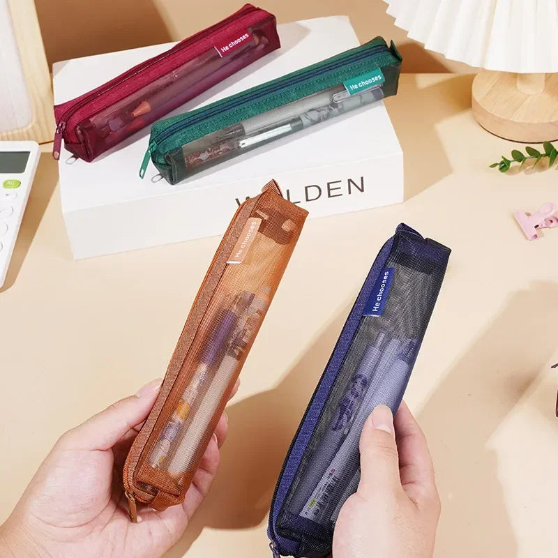 1pc Mesh Pencil Case  Portable Multi-Functional Exam Storage Pouch for School & Office Supplies