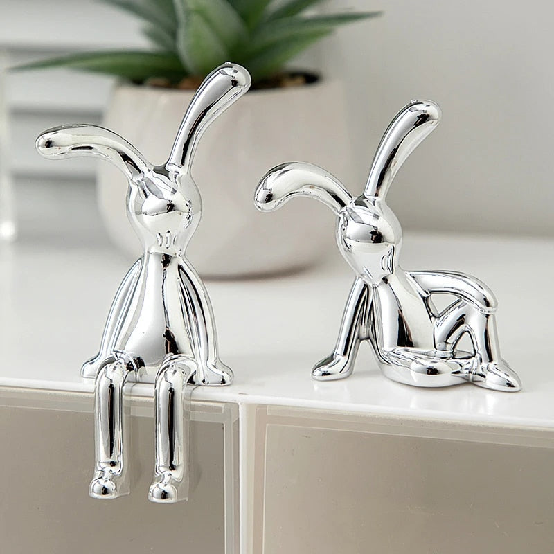 2PC Long Eared Rabbit Statue  Cute Cartoon Bunny Decor for Home & Car