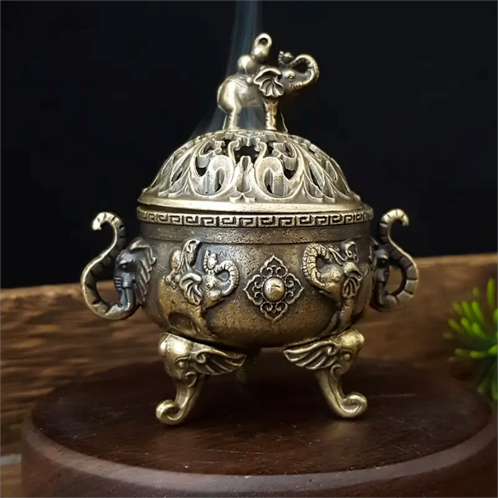 Triple Legged Elephant Metal Incense Burner Aromatherapy & Meditation Decor Ornament for Home