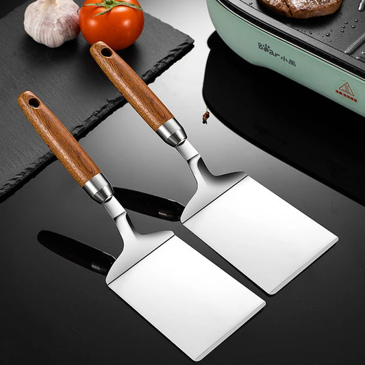 Stainless Steel Square Head Spatula Wood Handle Turner for Steak, Pizza, Pancakes & BBQ