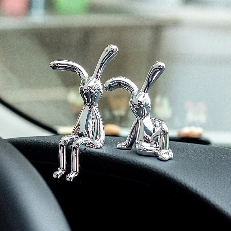 2PC Long Eared Rabbit Statue  Cute Cartoon Bunny Decor for Home & Car