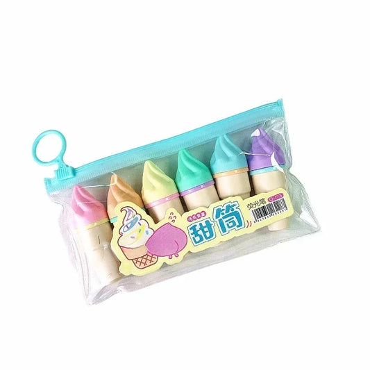 6Pcs Cute Ice Cream Highlighters Set Mini Marker Pens for Kids & Students