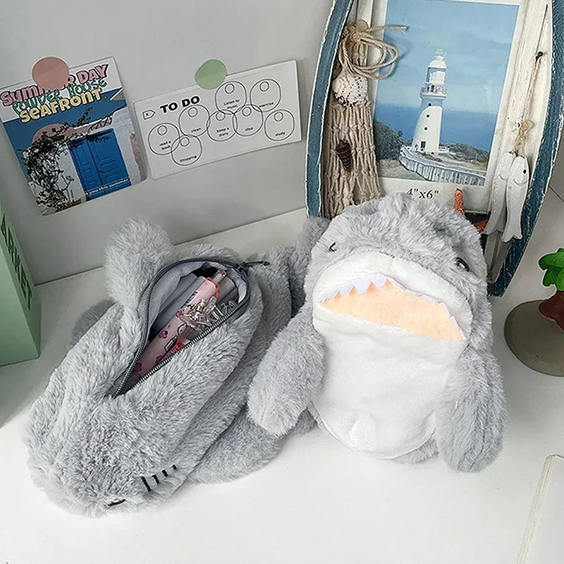 Plush Shark Pen Bag  Cute Kawaii Pencil Case for Students & School Supplies