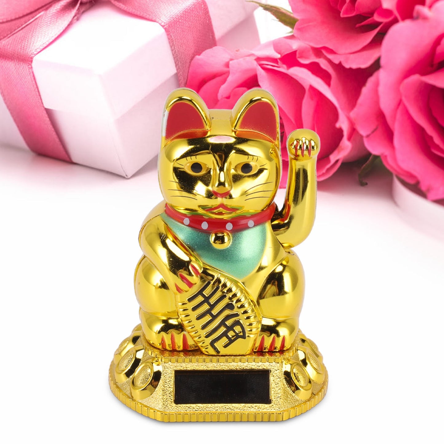 Solar Powered Waving Lucky Cat  Japanese Fortune Cat Ornament for Home, Car & Office Decor