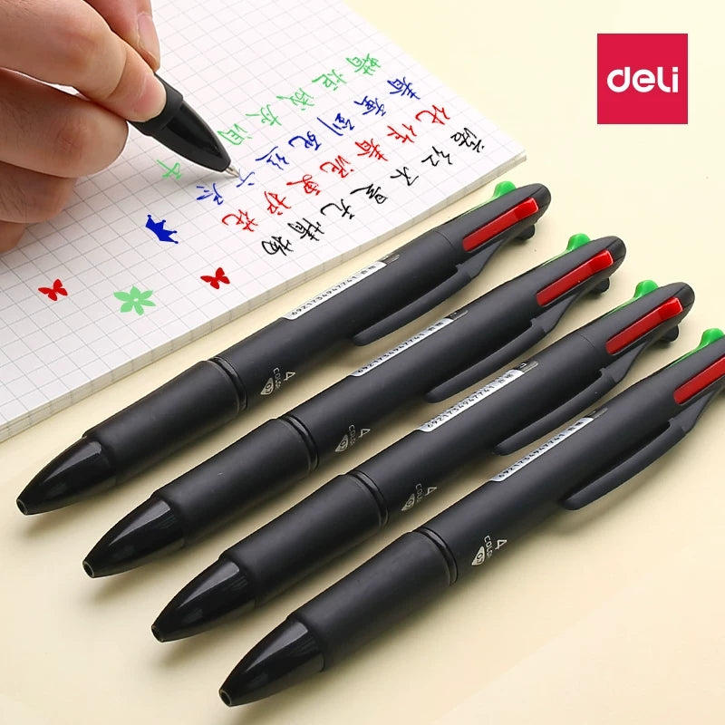 DELI 4-in-1 Ballpoint Pen – 0.7mm Multi-Color Pen (Blue, Black, Red, Green) for School & Office Use