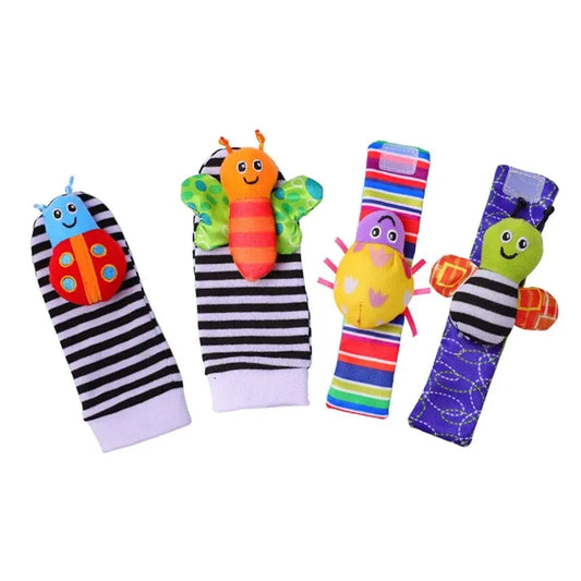 4PCS Baby Rattle Toy Set Animal Wrist Straps & Foot Socks for 0–12 Months Soft & Sensory Development Toys