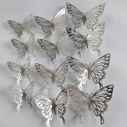 12Pcs 3D Silver Hollow Butterfly Wall Stickers  Metallic Party, Balloon & Home Decor Set