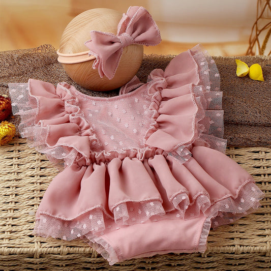 2-Piece Dusty Pink Chiffon Newborn Romper & Bow Hairband  Lace Baby Photography Outfit