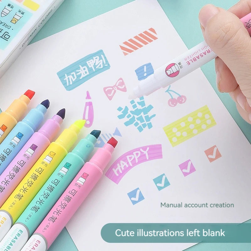 6pcs Erasable Pastel Highlighters  Dual Tip Fluorescent Markers for Drawing, Doodling & School Office Use