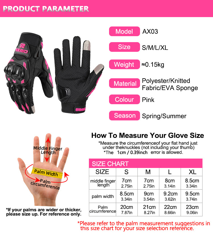Women's Pink & Black Motorcycle Gloves  Summer Mesh, Breathable, Touchscreen, Motocross Racing