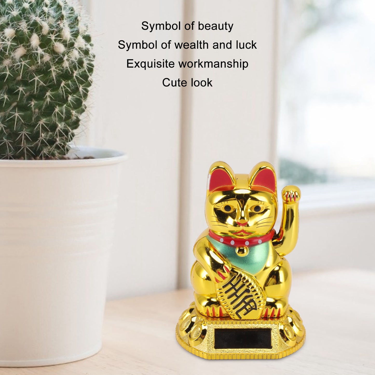 Solar Powered Waving Lucky Cat  Japanese Fortune Cat Ornament for Home, Car & Office Decor