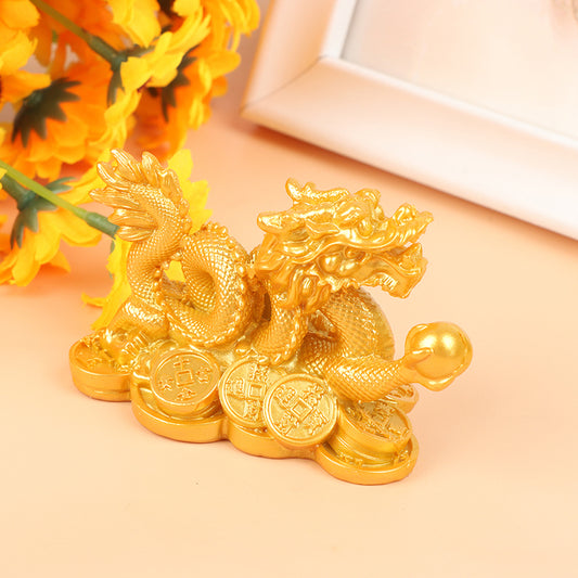 Chinese Lucky Golden Wealth Dragon Statuette Feng Shui Resin Sculpture for Home, Office & Desktop Decoration