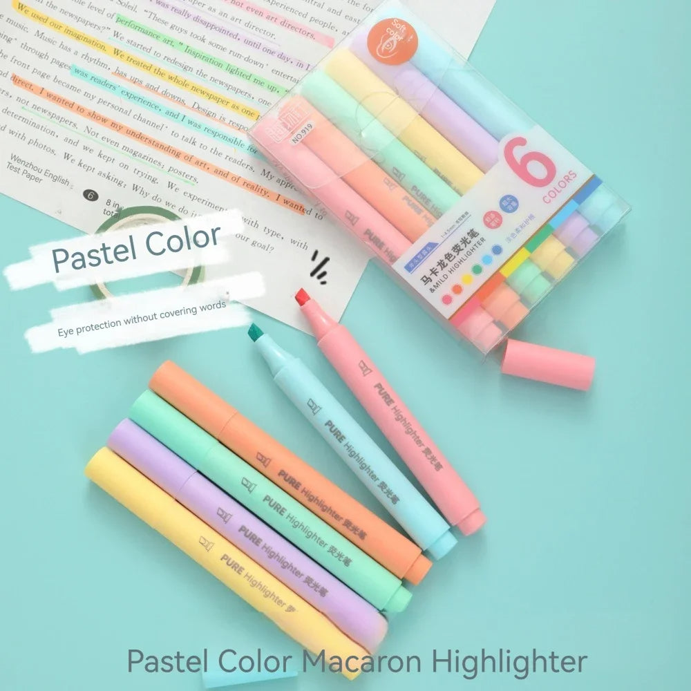 6-Pcs Pastel Macaron Highlighter Pen Set  Cute Fluorescent Markers for School & Drawing