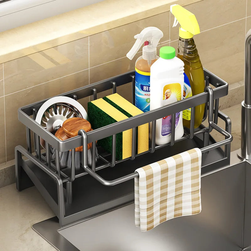 Kitchen Sink Drain Rack Organizer Self Draining Plastic Shelf for Soap, Sponges, Towels & Filter Basket