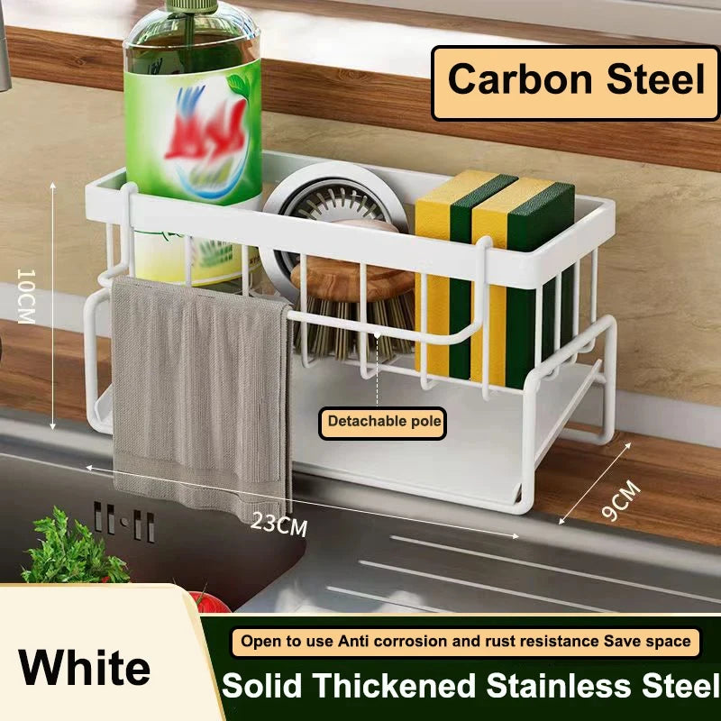 Kitchen Sink Drain Rack Organizer Self Draining Plastic Shelf for Soap, Sponges, Towels & Filter Basket