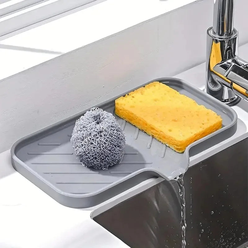 Silicone Sink Tray with Drain Soap, Sponge & Brush Holder for Kitchen Countertop Organization