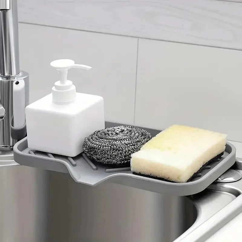 Silicone Sink Tray with Drain Soap, Sponge & Brush Holder for Kitchen Countertop Organization