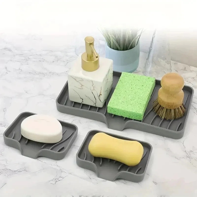 Silicone Sink Tray with Drain Soap, Sponge & Brush Holder for Kitchen Countertop Organization
