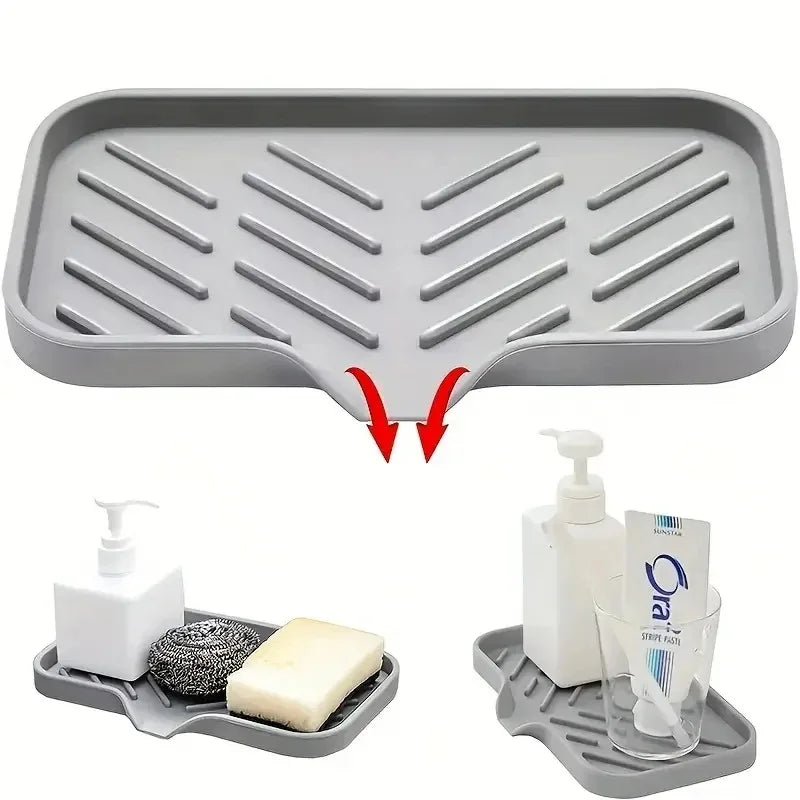 Silicone Sink Tray with Drain Soap, Sponge & Brush Holder for Kitchen Countertop Organization