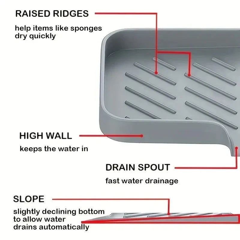 Silicone Sink Tray with Drain Soap, Sponge & Brush Holder for Kitchen Countertop Organization