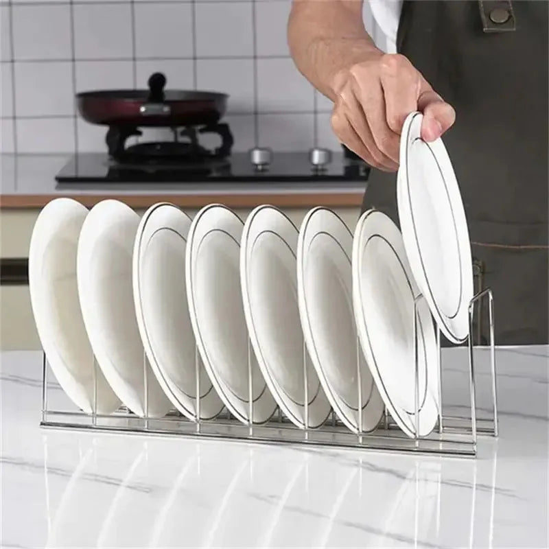 Stainless Steel Dish Rack Kitchen Bowl & Plate Organizer with Pot Lid Holder for Home Cutlery Storage
