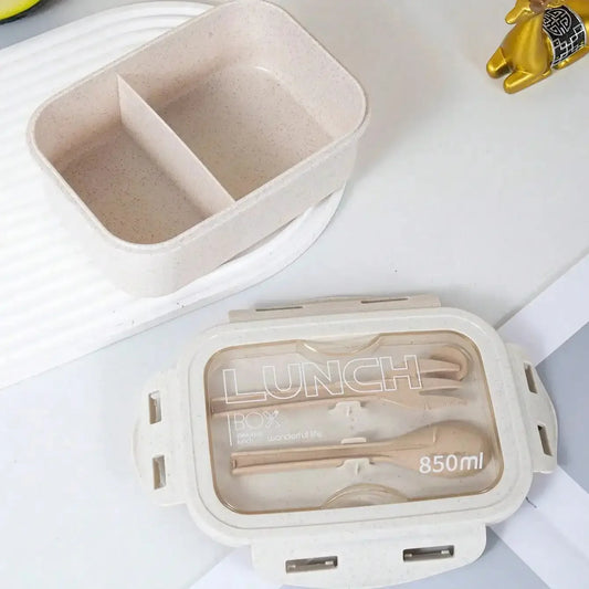 1pc Solid Color Square Cutlery Box with Tableware  Leakproof, Divided, Microwave-Safe Lunch Container for Office & School