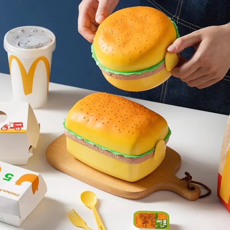 Double Tier Hamburger Lunch Box  Cute Burger Bento Box with Fork, Microwave Safe Children’s School Meal Container, Tableware Set & Gift