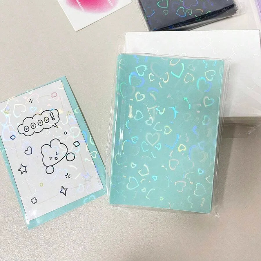 50pcs Laser Heart-Shaped Card Protectors  Sparkling Sleeves for ID, School Passes, Photos & Gaming Cards