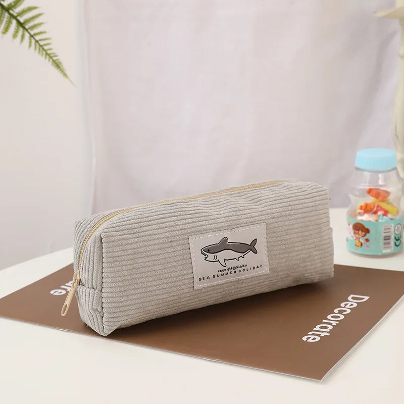 Cute Corduroy Shark Pencil Case  Embroidered Pen Pouch for Girls, Kids & School Supplies