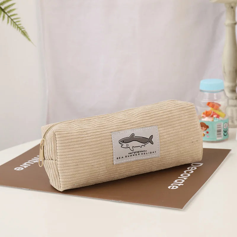 Cute Corduroy Shark Pencil Case  Embroidered Pen Pouch for Girls, Kids & School Supplies