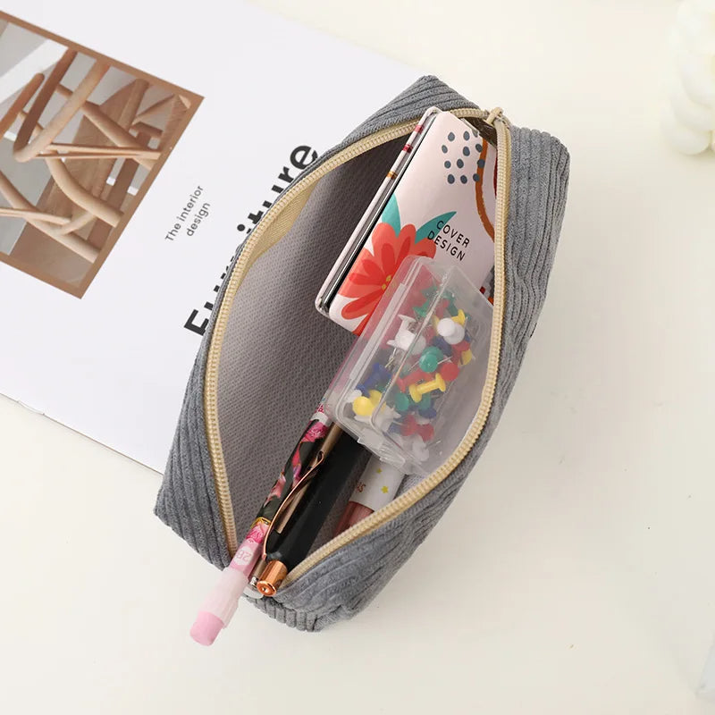 Cute Corduroy Shark Pencil Case  Embroidered Pen Pouch for Girls, Kids & School Supplies