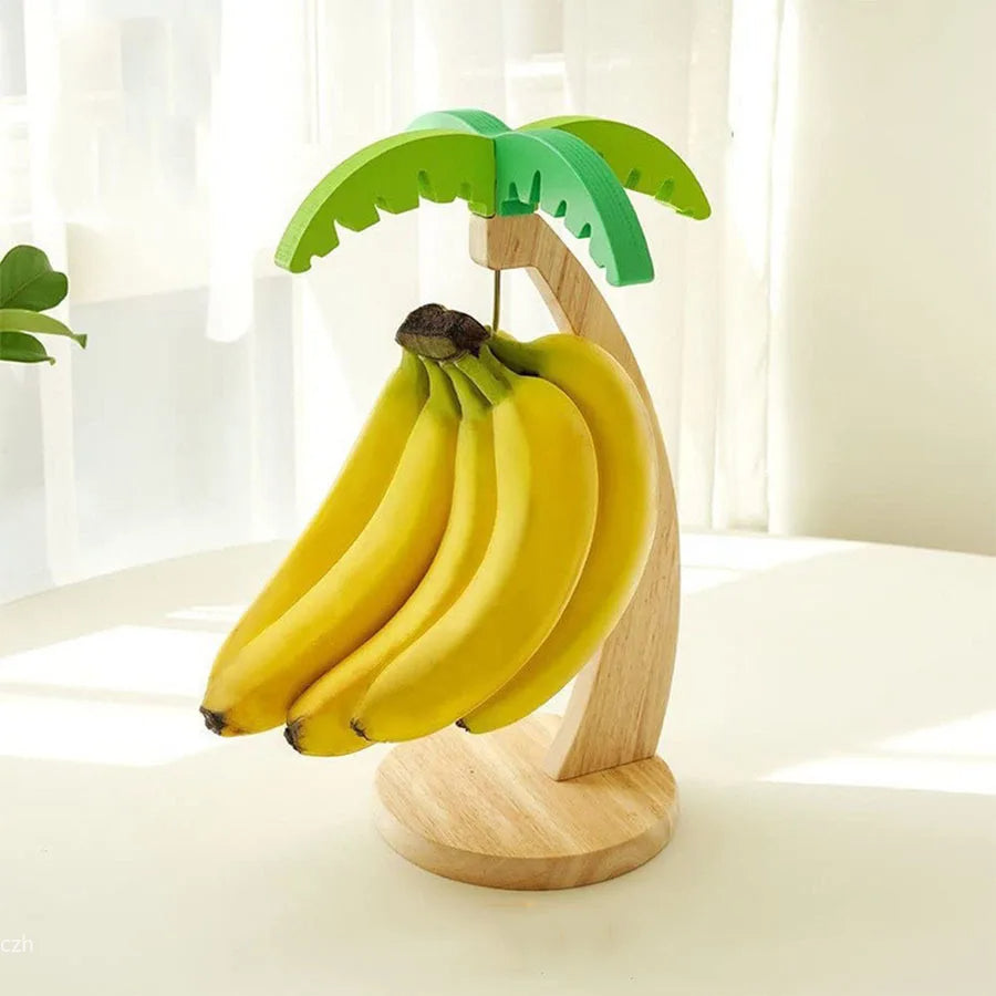 Wooden Banana Hanger with Hook  Decorative Fruit Rack with Simulated Leaf for Kitchen Storage & Display